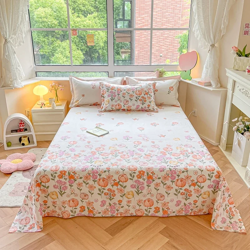 100% Cotton Rose Floral Flat Sheet Vintage Shabby Chic Pink Flower Blossom Bed Cover with 2 Pillowcase Country Aesthetic Bedding