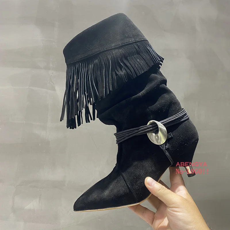 2025 Winter Suede Tassel Middle Calf Boots Women Point Toe Leather Kitten Heels Short Boots Designer Party Chelsea Boots Women