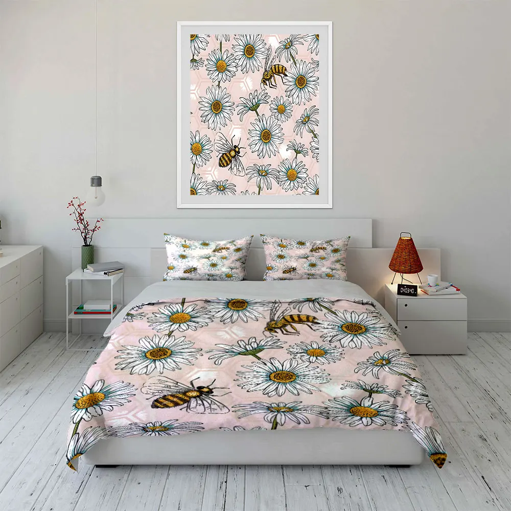 Elegant pattern of bees and daisies Duvet Cover Set Digital Print Colorful Polyester Bedding with Zipper Closur for kids gifts 4