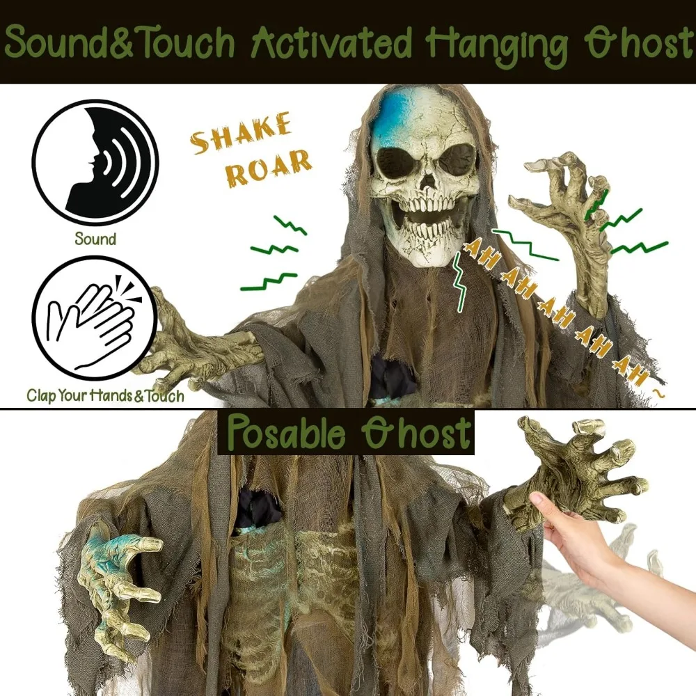 Life-Size 72 Standing Skeleton Animatronic with Sound, Touch-Activated Light-Up Eyes, and Motion for Halloween Decorations