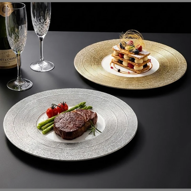 Electroplated Western Steak Pasta Plate Gold and Silver Ceramic Flat Plate Household Ribbed Main Course Fruit and Dessert Dishes