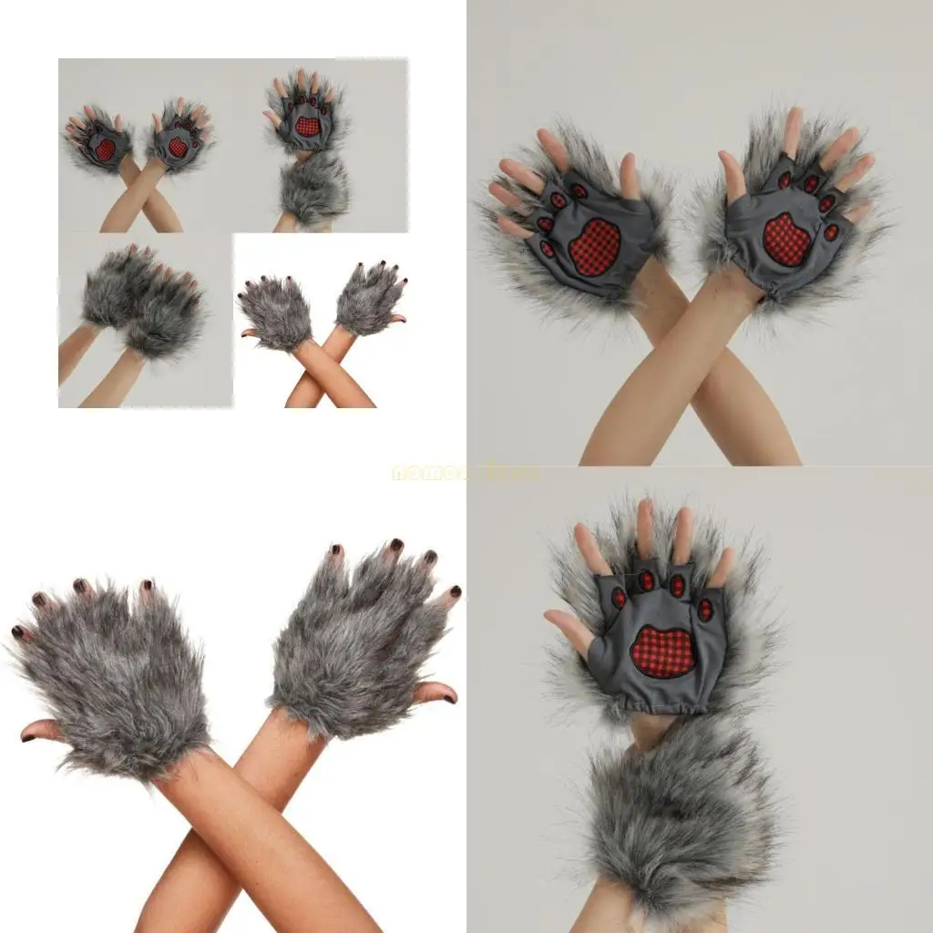 

31BF Faux Furs Plush Furry Cats Paws Gloves Animal Foxes Paws Fingerless Mittens Fursuit Paws Therians Gear Halloween Costume