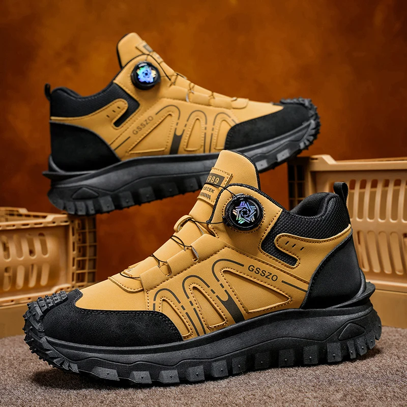 新しいカーキアウトドアハイキングシューズ男性回転バックルプラットフォームメンズクライミングスニーカーノンスリップハイトップ登山靴男性