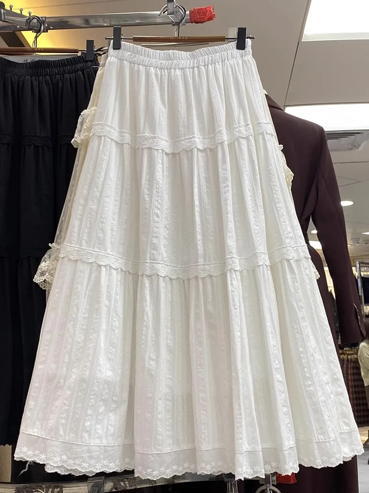 Summer New Sle Women's A-line Midi Skirt With Embroidered Lace Patchwork Full Flounce White Half-length Skirt Korean Sle