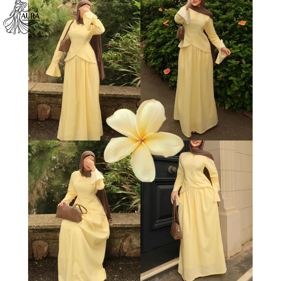 

Aura Custom Made Arabic Evening Dress Luxury Party Dresses 2026 Round Neck A Word Long Sleeves Bespoke Occasion Dresses Prom