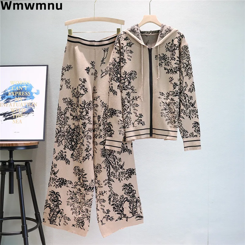 Print Vintage Knitted Women Tracksuit Fall Winter Casual Hooded Jackets Coats Tops Outfit High Waist Wide Leg Pants 2 Piece Sets