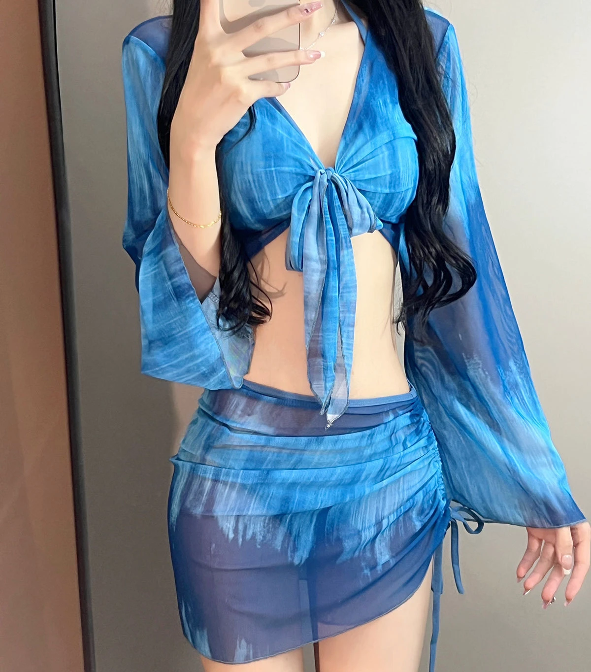 4-częściowy zestaw bikini dla kobiet Blue Tie Dye Mesh z długim rękawem i plisowaną spódnicą Strój kąpielowy plażowy Strój kąpielowy