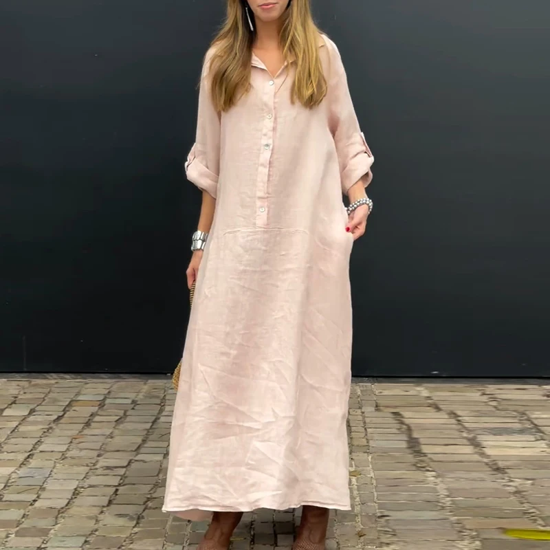 

Womens Casual Solid Loose Cotton and Linen Dress Spring Button Lapel Shirt Dress Autumn Adjusted Long Sleeve Pocket Maxi Dresses