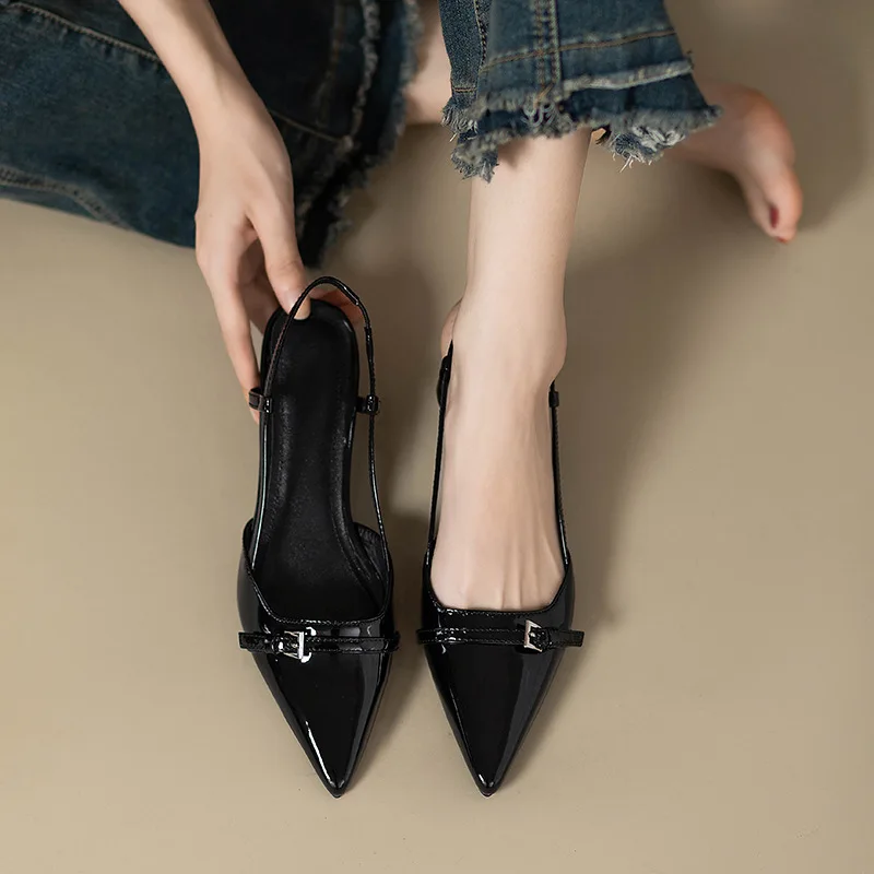 2026 New Summer French Wine Red Pointed Patent Leather Mid-heel Overhead Sandals for Women Retro Skinny Heel Back Empty Shoes