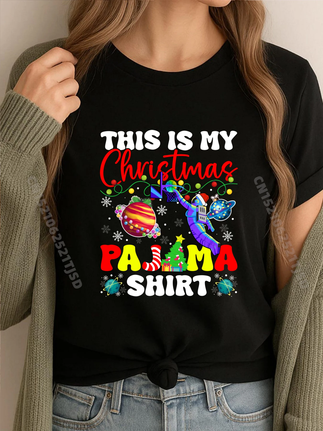 

Astronaut Christmas Pajama Space Tree Snowflakes Xmas Graphic T Shirts Woman Cotton Shirts For Woman Tops & Tees Alphabet