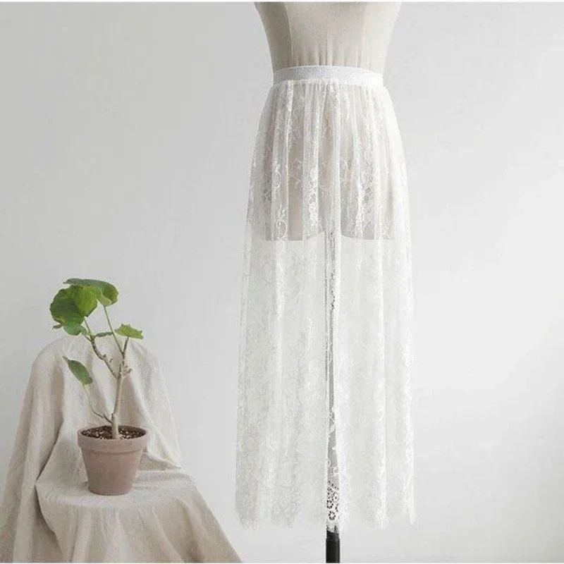 Transparent Sexy Lace Mesh Skirt Elastic High Waist Black White Tulle  Mini Skirts Womens Skirt  Korean Fashion