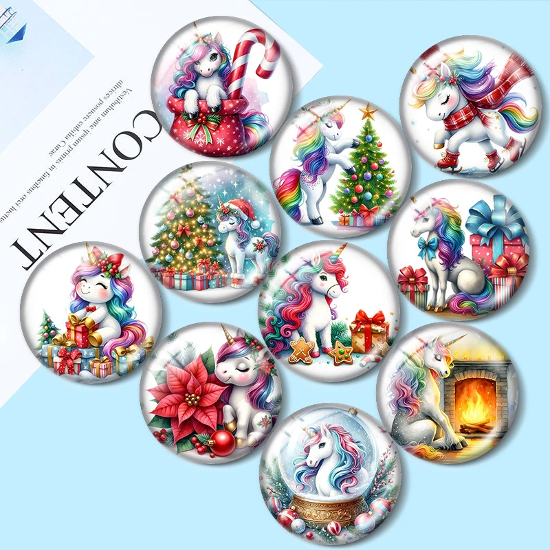 

Watercolor Christmas Unicorns 10pcs 12mm/18mm/20mm/25mm Round photo glass cabochon demo flat back Making findings