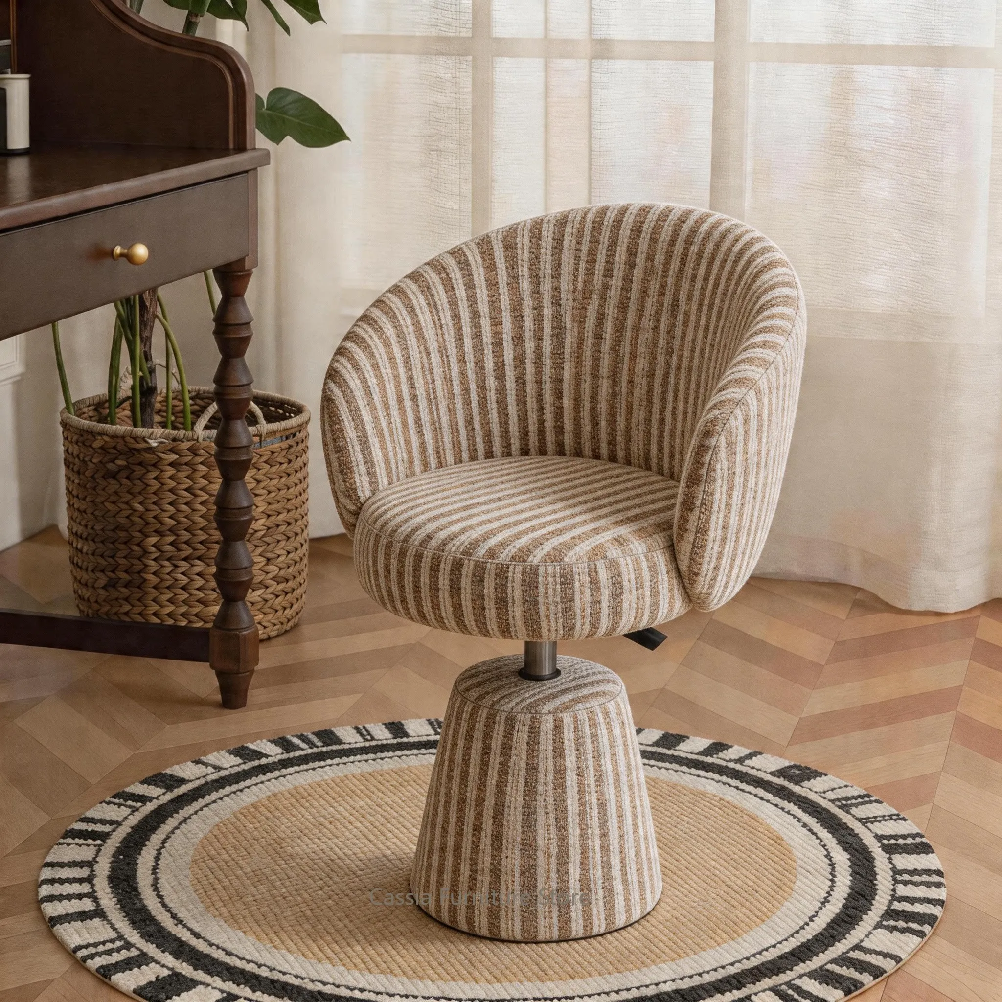 Elegant Vintage Upholstered Height-Adjustable Swivel Vanity Stool for Bedroom Dressing Table, Backrest Chair