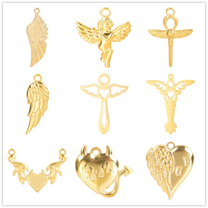 5pcs/Lot Gold Color Angel Series Stainless Steel Charms For Jewelry Making Supplis Devil Heart Wings DIY Women/Men Pendant Charm