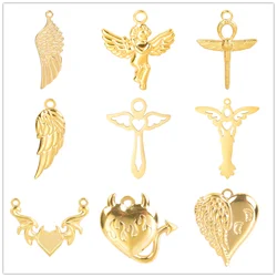 5pcs/Lot Gold Color Angel Series Stainless Steel Charms For Jewelry Making Supplis Devil Heart Wings DIY Women/Men Pendant Charm