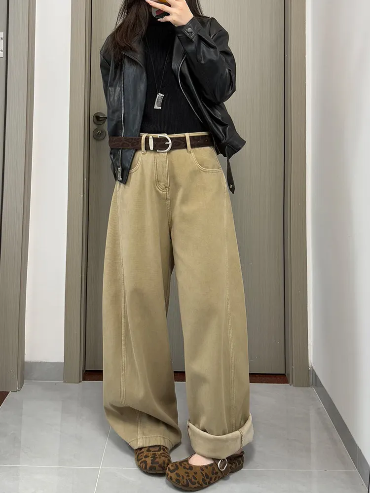 

Khaki Fleece Lined Thick Wide Leg Jeans Women's High Waist Loose Casual Winter Warm Bootcut Pants Straight Cut Jeans