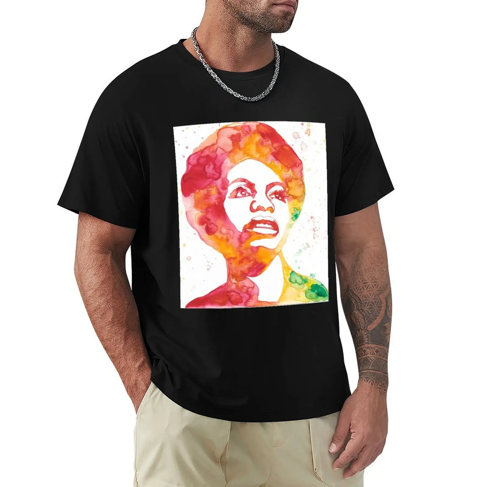 

Nina Simone in Red and Orange T-Shirt Stylish Graphic Short Sleeve Top