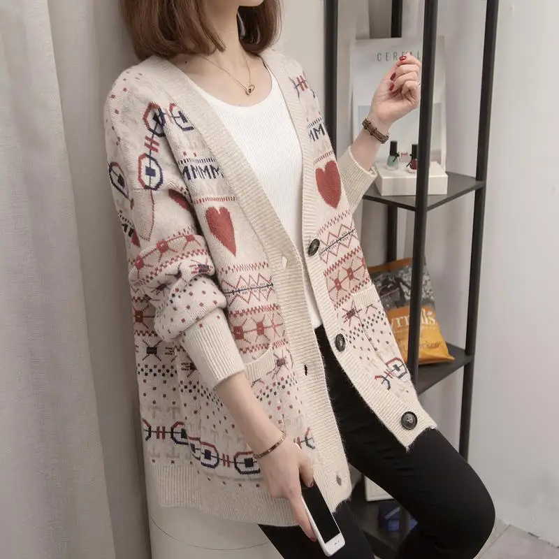 Colored V-neck Long Sleeve Lazy Knitted Cardigan Sweater 2023 Autumn/Winter Thickened Simple Versatile Top for Women