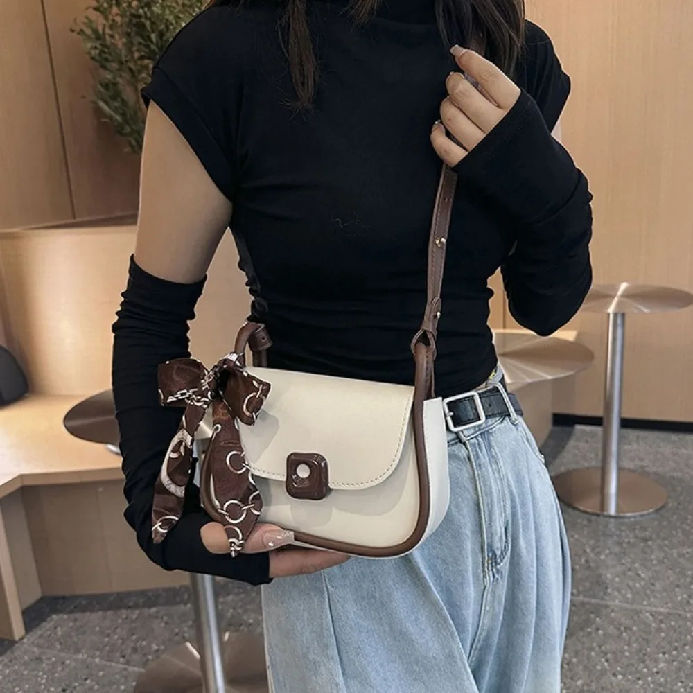 Retro Large Capacity Silk Scarf Crossbody Bag PU Contrasting Color Single Shoulder Bag Lightweight Saddle Bag Women's