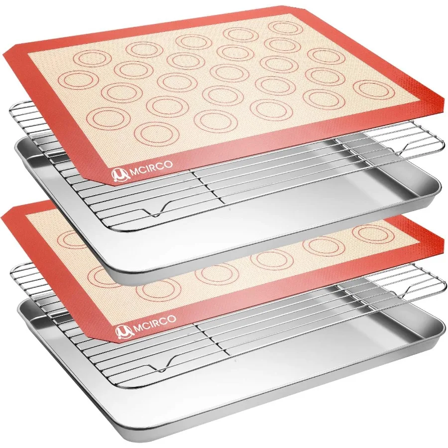 

Stainless Steel Baking Sheet Tray Cooling Rack with Silicone Baking Mat Set for Oven Use Includes 2 NonStick Baking Sheets 2 Co