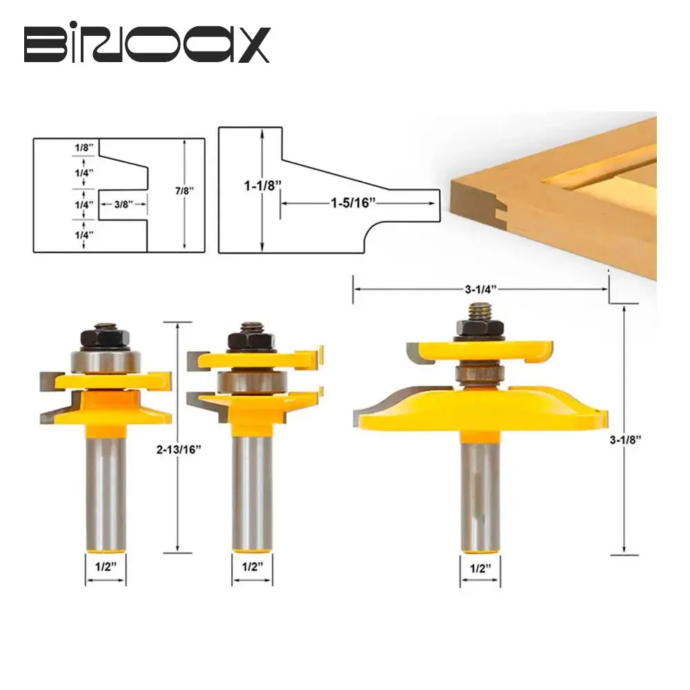 Binoax 3Pcs Bit Raised Panel Cabinet Door Router Bit Set- Bevel