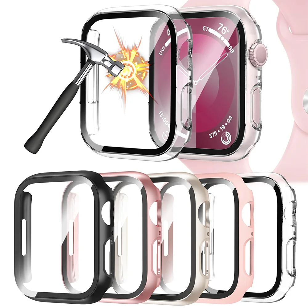 Vetro temperato + cover per Apple Watch 9 8 44mm 40mm 42mm 38mm 41mm 45mm custodia protettiva per schermo paraurti per PC iWatch series 7 6 5 3 se