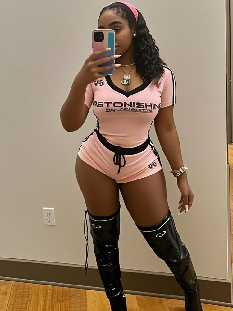 

Weird Puss Casual 2 Piece Set Women Tracksuit Letter Print Y2K Hipster Short Sleeve Crop Tops+Wide Waist Shorts Activity Outfits