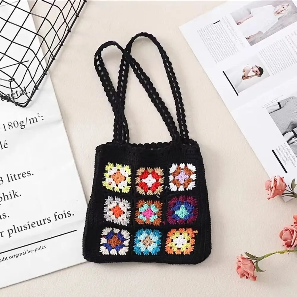 Handmade Crochet Weaving Grandmother Grid Shoulder Bag Leisure Mixed Color Flower Block Fashion Shoulder Bag