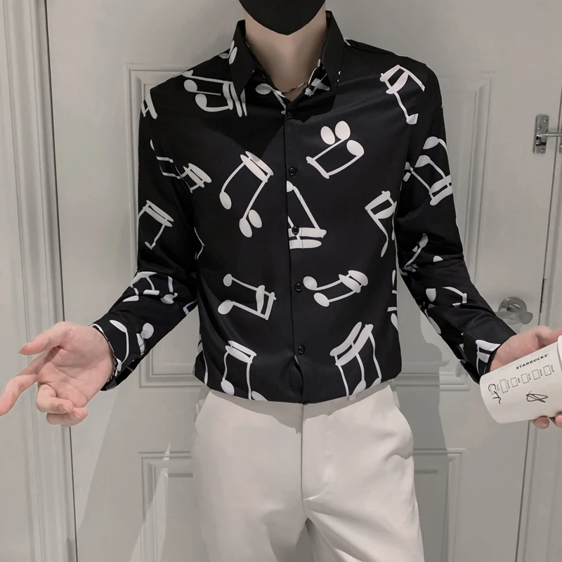 Spring Men's Shirts Dress Black White Musical Note Printing Long Sleeved Mens Korean Floral Shirt