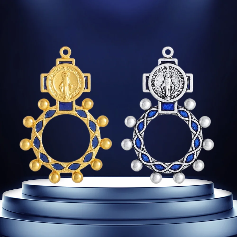 

10PCS Catholic Pocket Rosary Ring Christian Cross Medal Jewelry Blue Keychain Baptism Gift Prayer Accessory for Men Women