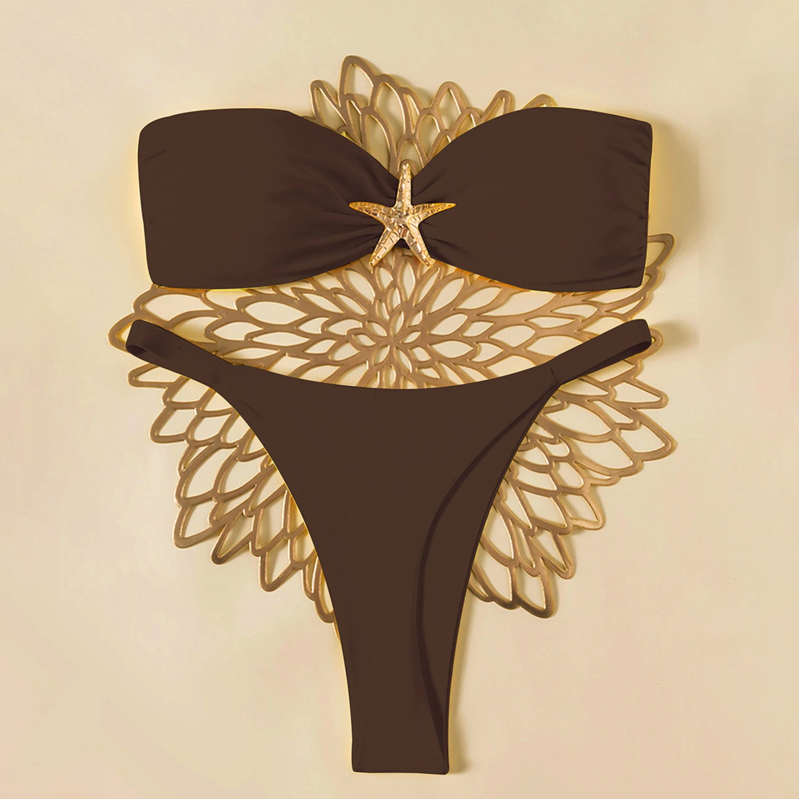 

Summer Women 2 Piece Bandeau Bikini Set Sleeveless Bathing Suit Starfish Decor Bra And Low Rise Briefs Strapless Beachwear