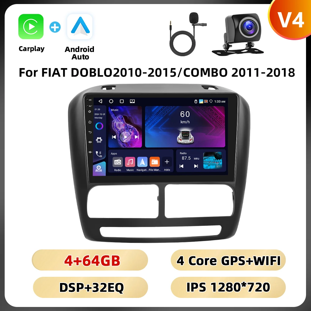 Podofo Ai Voice Autoradio Voor Fiat Doblo 2010-2015/Combo 2011-2018 Multimediaspeler 8Core Carplay Android Auto Gps Navigatie