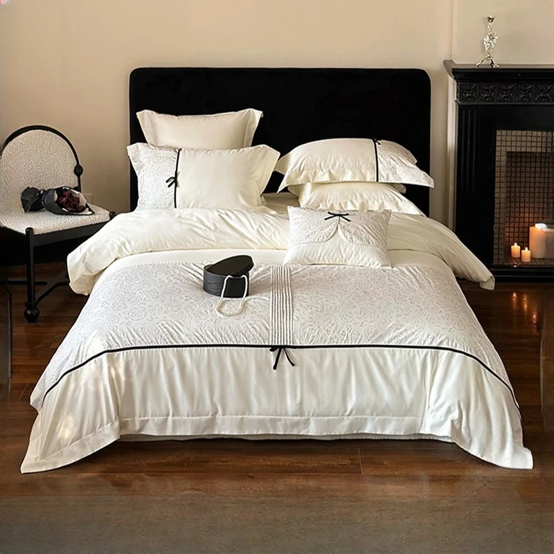 

100 Count Long Staple Cotton Bedding Set Bow Patterns Embroidered Ms.Duvet Cover TwinFull QueenSize Bed Sheet Fitted Sheet