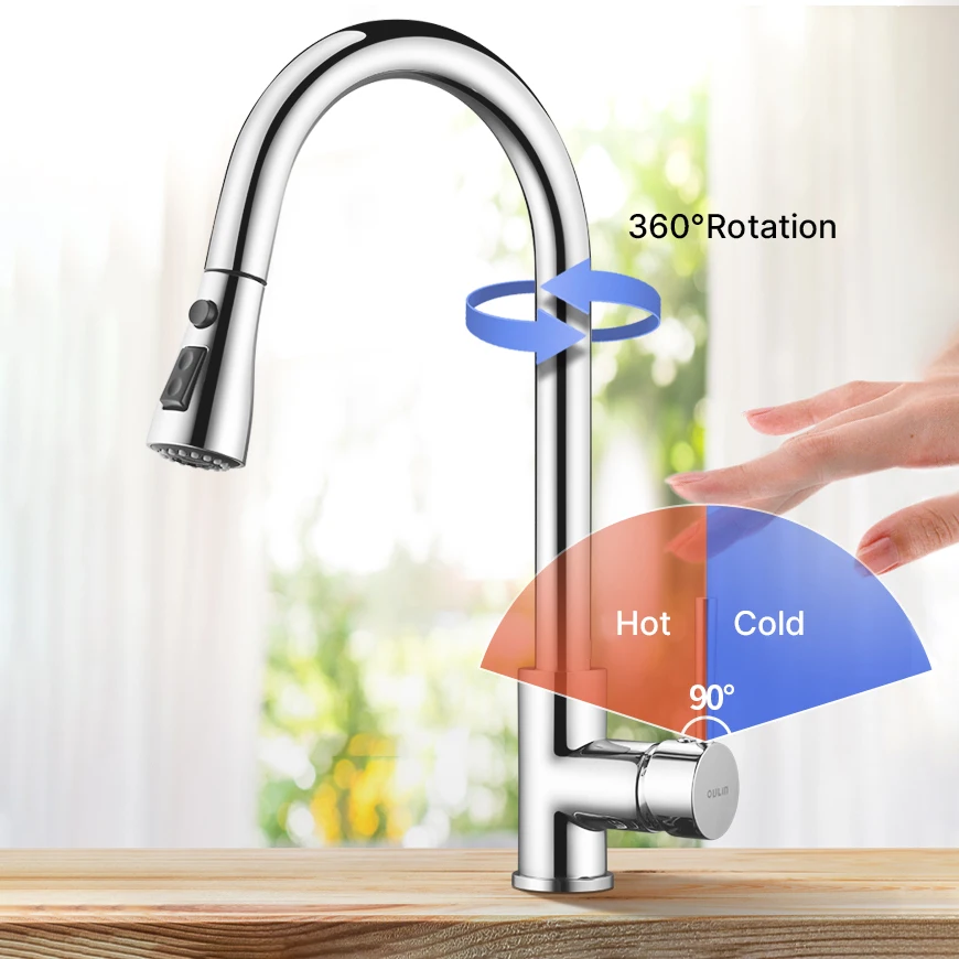 Hot Selling Multi-functional Deck-mounted Tap Stainless Steel Rotatable pull out Kitchen Faucet