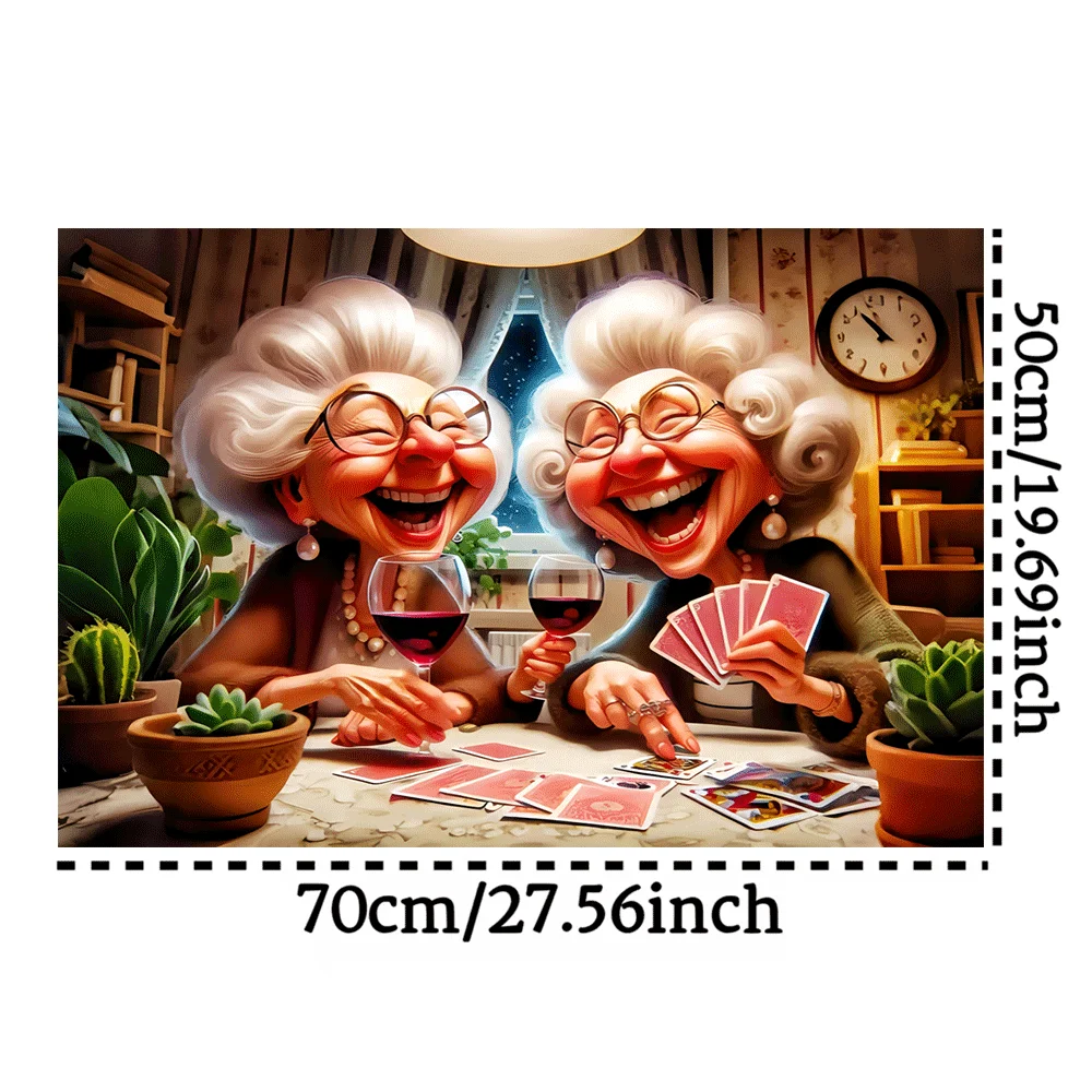 [만화 직소 퍼즐] 1000피스 대형 직소 퍼즐 - 만화 스타일 |   카드를 놀고 있는 노인 여성과 와인, 가족 상호작용 G