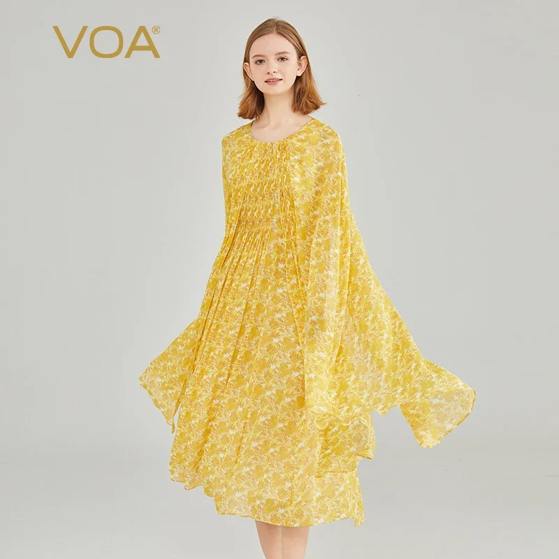 

VOA Pure Silk Lightweight Georgette O-neck Flying Sleeves 3D Ruffle Mace Waist Wrap Original Personalized Party Dress AE2092