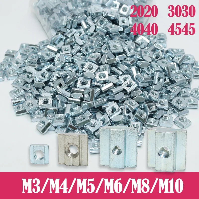 

100p/lot T Block Square Nut M3 M4 M5 M6 M8 T-Track Sliding Hammer Nut for 20 30 40 45 Aluminum Profile Slot Connector Accessor