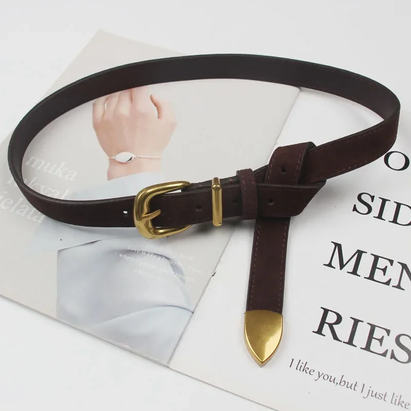 

2.4cm Woman Korean Style Fashion Vintage Design Suede Belt, Women's Genuine Leather Gold Buckle Casual Pants Coat Dress Belts