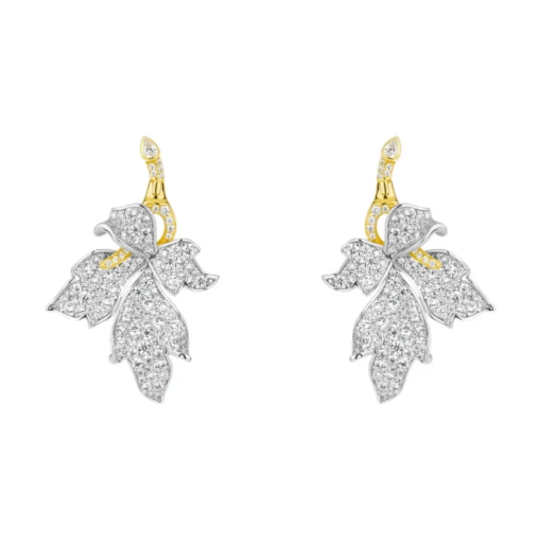 Bellux 925 Silver Synthetic Zircon Earrings White Full Diamonds Maple Leaf Petals Light Luxury Fashion Jewelry Earrings