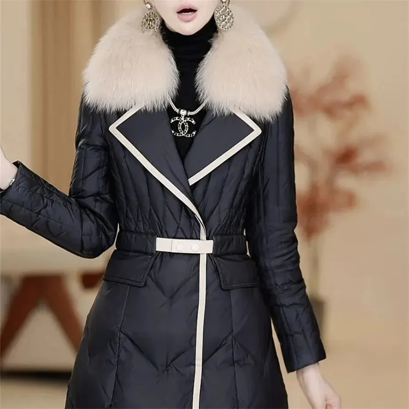 2024 Winter Female New Thickened Waist Down cotton Jacket Imitation Big Fox Fur Collar Medium Long Belt Flip Collar High end