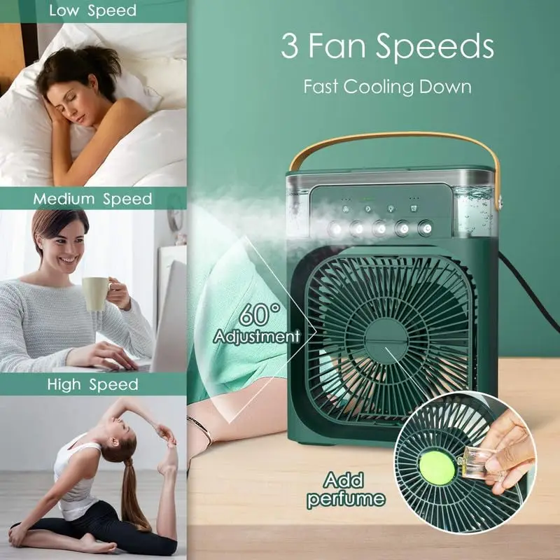 

USB Mini Air Cooler Humidifier Fan Portable 3 Speed Mist Spray 7 Color LED Timer Desk Fan for Home Office Travel