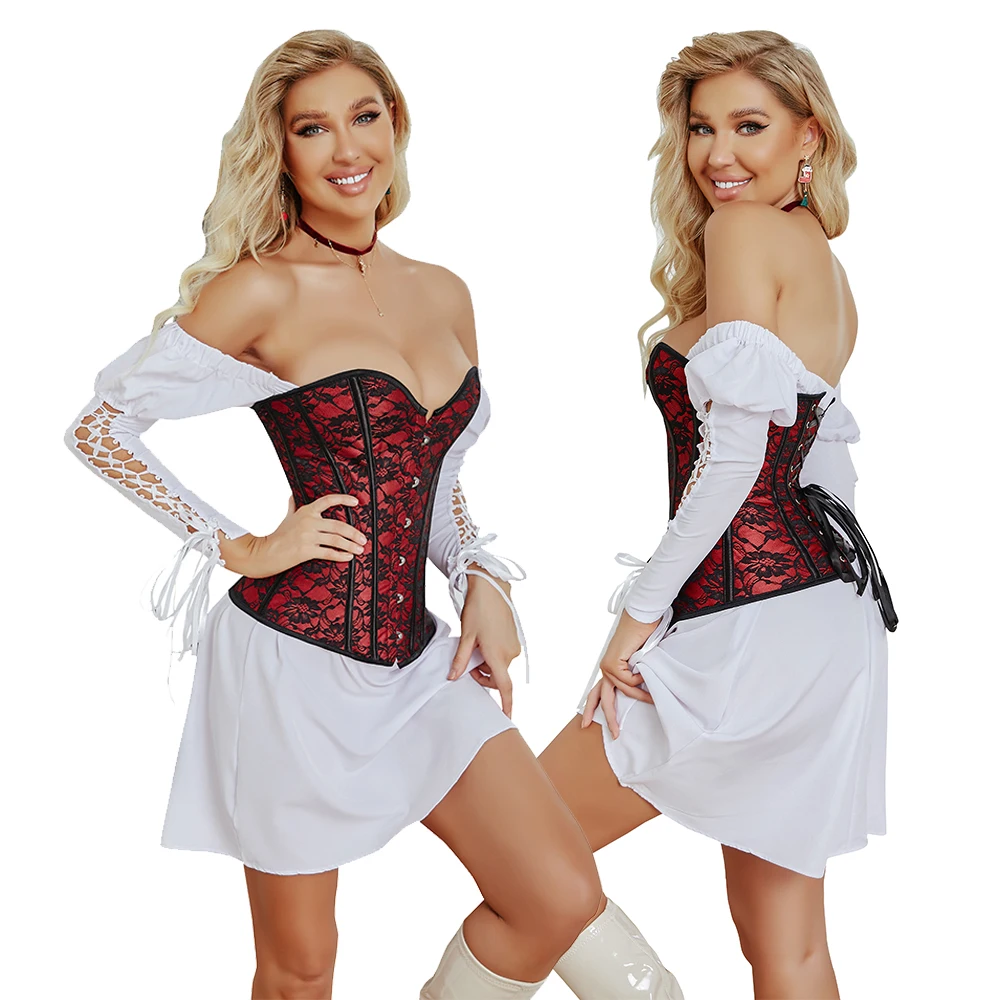 

Корсет Overbust женский винтажный красный корсет формирователь с цветочным кружевом на талии бюстье топ