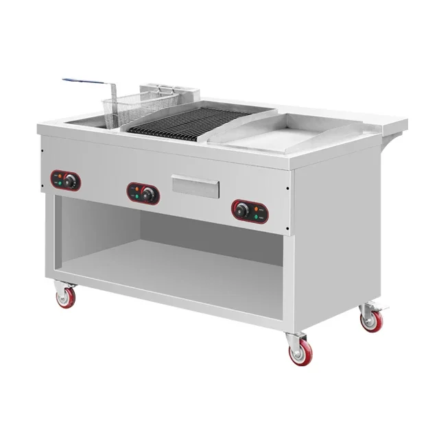 

Outdoor Kitchen Indoor Fast Food Hotel Equipment Mobile Electric Fryer With Lava Rock Grill And Griddle