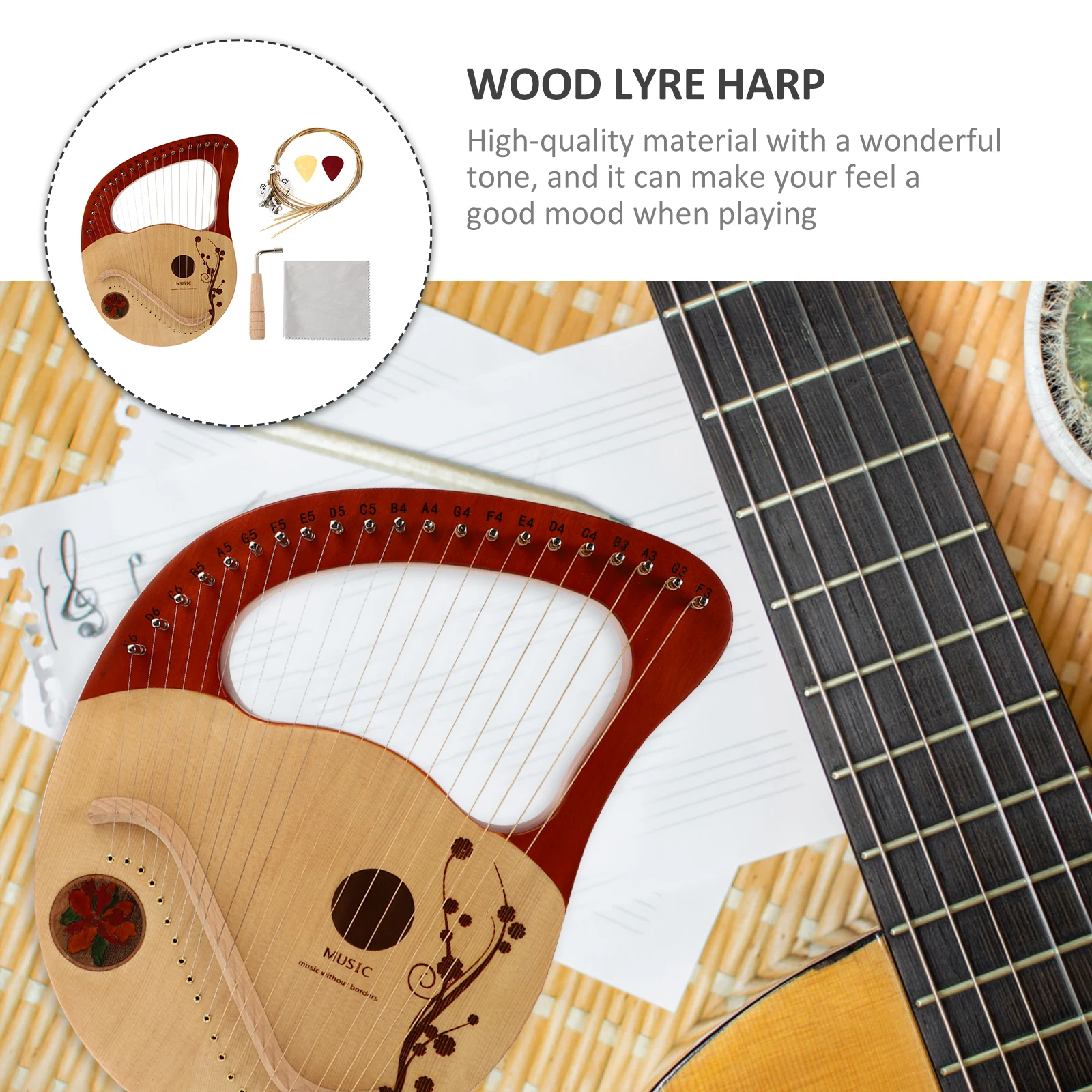 

Portable Harp Wood Musical Instrument Retro Vintage Wooden with Tuning Rod Ancient Style Spruce Handheld