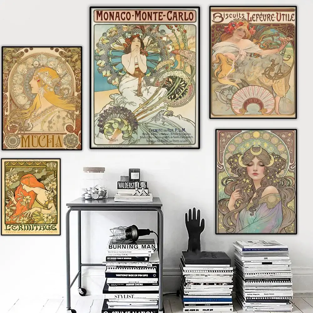 A-Alphonse Mucha Illustration Painting Calligraphy Wall Art HD Canvas Oil Painting Posters Prints Home Bedroom Decor Gift