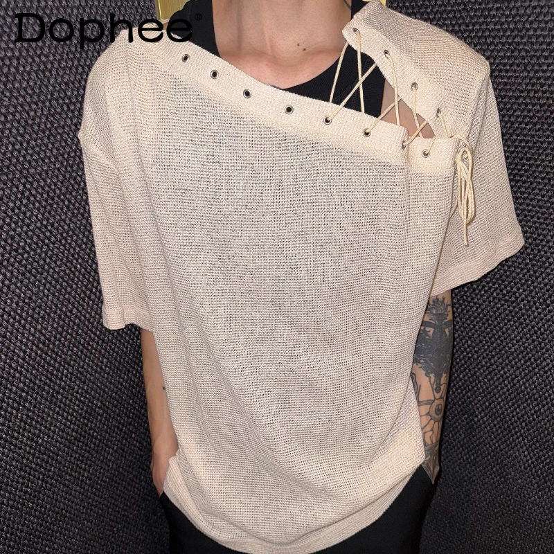 

Men's 2025 Summer New Niche Design Short-sleeve Tops Personalized Hollow Out T-shirts Men's Loose Comfort Solid Color Chic Tees