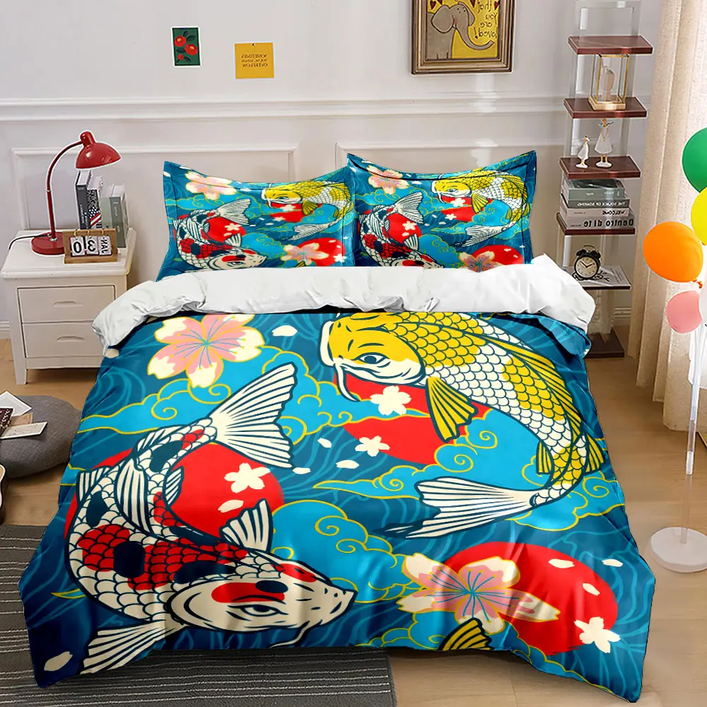 Koi Fish Sakura and Wave Art Print Bedding Set 1 Duvet Cover 2 Pillowcases for Adult and Children Luxury Gift Full Size