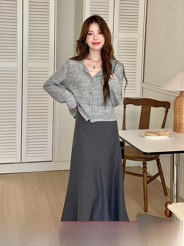 

Вязаный топ и f Юбка Комплект с высокой талией Юбка-миди А-силуэта Длинная све Повседневная одежда Удобный крой Весенний ансамбль Faion