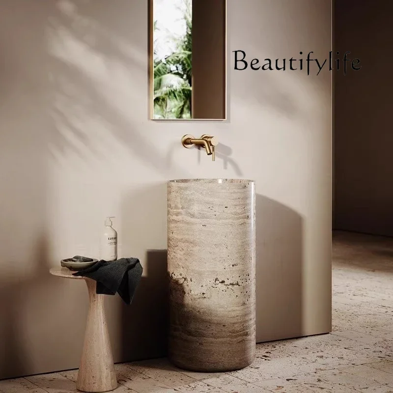 

SS Natural Travertine Column Basin Designer Villa Living Room Home Retro Round Wash Basin