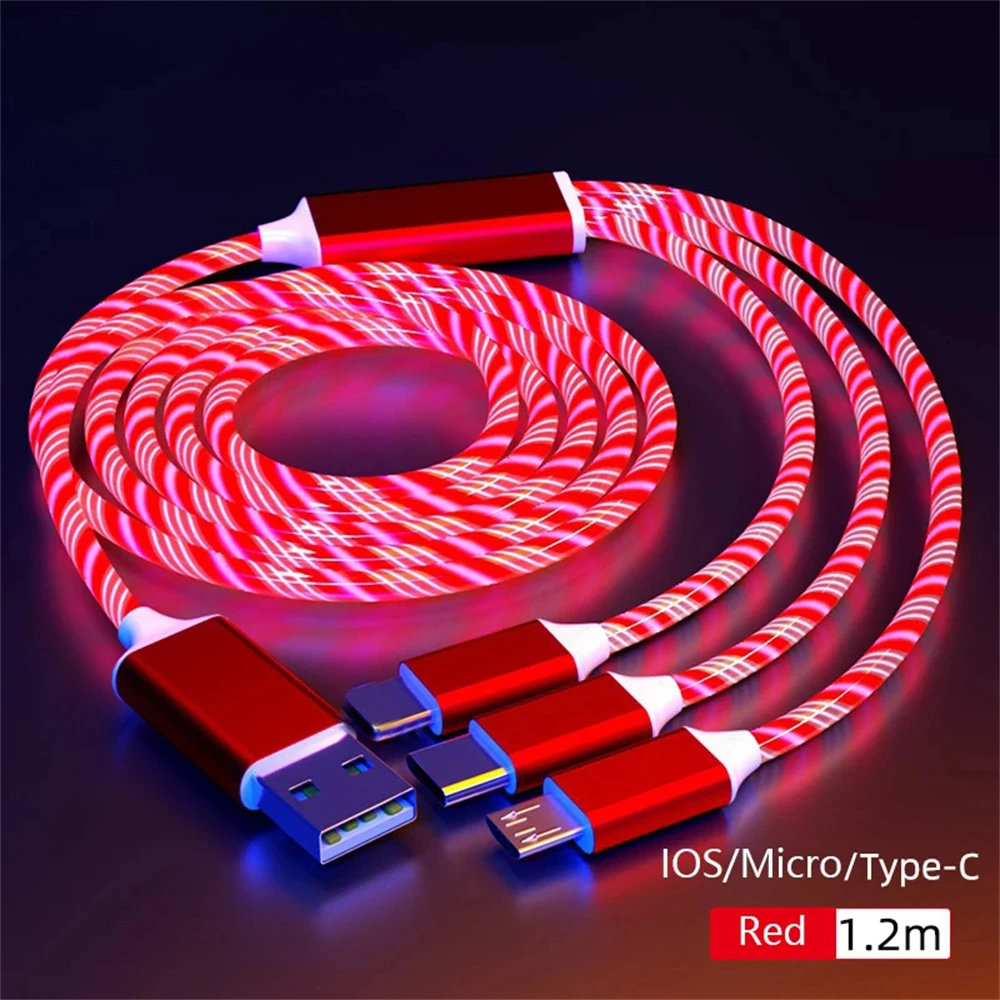 NNBILI Leuchtendes LED-Licht USB 3-in-1-Kabel, schnelles Ladekabel, leuchtendes Typ-C-Kabel für Xiaomi iPhone, Handy-Zubehör